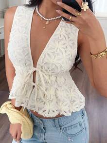 Serisse 女式提花深V领系腰荷叶边下摆性感时尚衬衫 - 杏色 - 查看 7