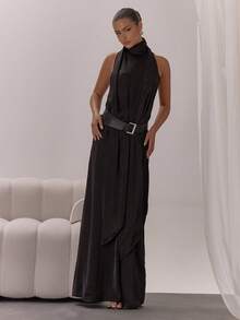 MUSERA Đầm maxi cổ cao, thắt lưng, dáng suông, gợi cảm, thích hợp cho các dịp đi chơi đêm, dự tiệc cưới, nghỉ mát, tiệc tùng, lễ tốt nghiệp, thanh lịch. - màu đen - Xem 5