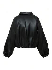 Livesso PU Leather Collar Lantern Sleeve Thickened Women Jacket, Suitable For Halloween, Autumn/Winter - Black - View 9
