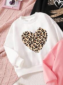 SHEIN 3pcs/Set Young Girl Casual Minimalistic Heart & Leopard Print Loose Thick Fleece Sweatshirts In Black, White, Pink For Autumn/Winter - Multicolor - View 4