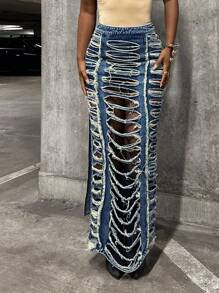 StreetHx Váy mini denim xẻ cao phong cách đường phố gợi cảm - Rửa trung bình - Xem 6