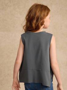 2025 Spring/Summer New Casual Comfortable Asymmetrical Hem Dark Grey Tween Girls Tank Top, Suitable For Daily Wear, Outdoor Activities And Family Vacation Gatherings - Grey - View 2