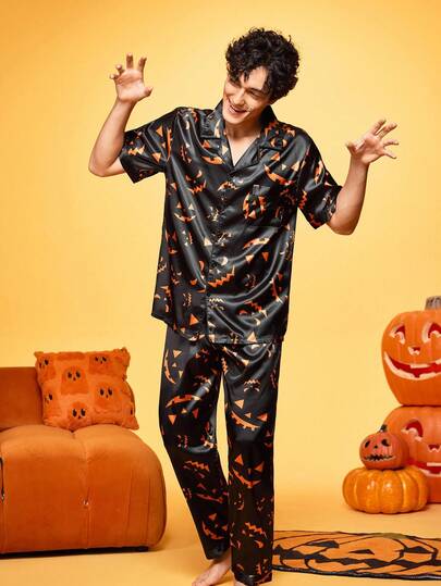 Happy Jammies Conjunto de 2 piezas de cárdigan y pijama casual con estampado brillante y satinado de calabaza divertida para hombre, fiesta familiar de Halloween