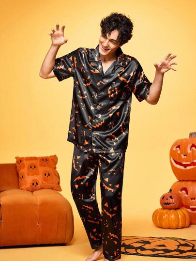 Happy Jammies 2pcs Halloween Satin Shiny Funny Pumpkin Print Casual Cardigan & Pajama Set For Men, Family Party