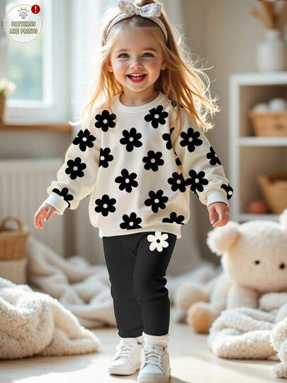 SHEIN 2 piezas Conjunto informal y elegante de niña con sudadera de cuello redondo de manga larga con estampado de lunares y flores, y leggings, adecuado para otoño/invierno