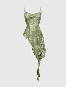 Grunge Punk Y2K Distressed Tie-Dye Asymmetrical Ruffle Hem Design Women Camisole - Army Green - View 1