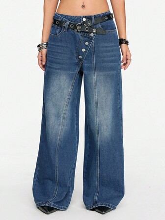 Grunge Punk Women's Asymmetric Patchwork Denim Jeans