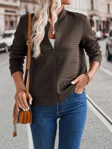 EMERY ROSE Women's Solid Color Zipper Waffle Casual Versatile Jacket - Coffee Brown - View 5