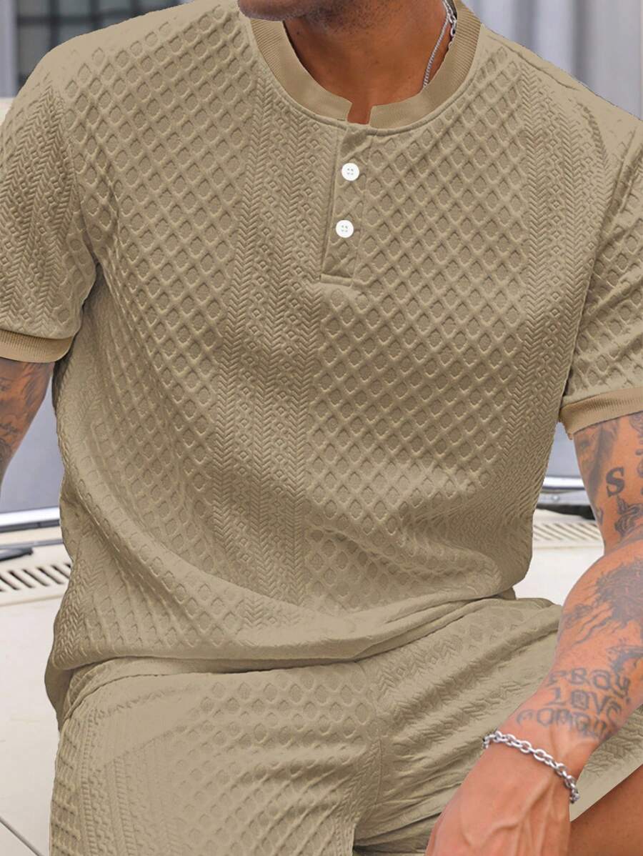 Manfinity Homme Men's Casual Polo Shirt With Cable Flower Pattern, Short Sleeve, Summer , Polo Shirts For Men - Coffee Brown - View 1