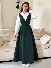 橄榄绿色简约图案长袖衬衫和连衣裙两件套，适合少女 - 墨綠色 - 查看 4