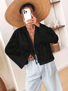 Vivid Eden 女士休闲纯色梭织长袖前系带宽松衬衫 - 黑色 - 查看 6