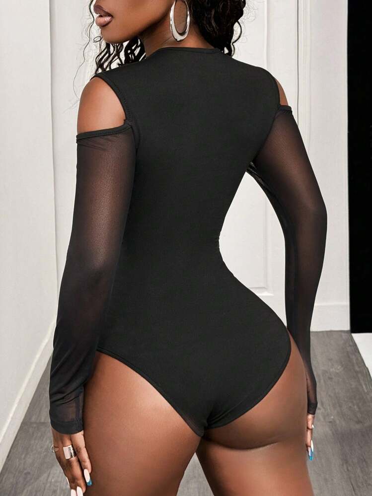 BamGleam Body Con Hombros Descubiertos Y Empalme De Malla Para Mujer - Negro - Añade 2