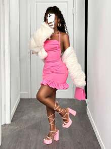 BamGleam Women Summer Dress With Plain, Swing Neckline, Ruffled Hemline, Backless Design, Halter Tie, And Slim Fit - Pink - View 5