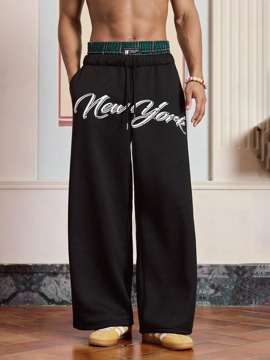 SWAVVY Pantalones de chándal largos de punto impresos casuales negros para hombres - Negro - Ver 1