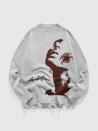 Street Life Men's Crew Neck Distressed Figure Pattern Sweater, Fall Winter