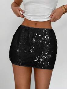 Siren Gaze 女士纯色亮片紧身迷你裙，时尚性感 - 黑色 - 查看 1