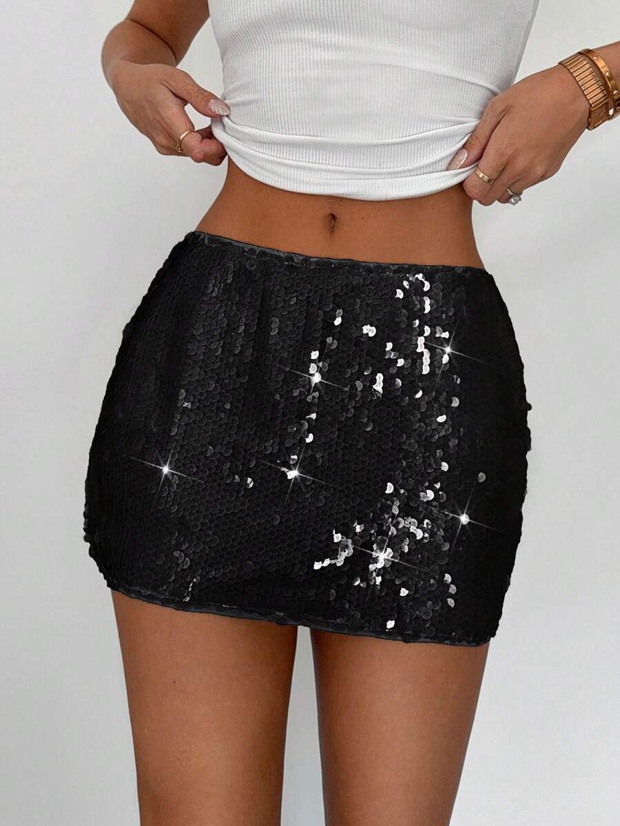 Siren Gaze 女士纯色亮片紧身迷你裙，时尚性感 - 黑色 - 查看 1