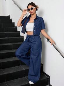SHEIN 2pcs/Set Teen Girl Dark Blue Denim Short Sleeve Cropped Shirt And Loose Fit Pants
