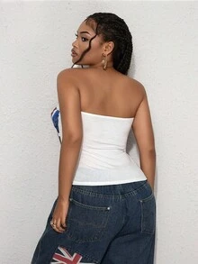 ROMWE Plus Size Hippie Y2K Fashionable Musician Style Flag Collegiate Beaded Embroidery Cropped Top, Suitable For Back To School, Parties, Music Festivals - Blue - View 5
