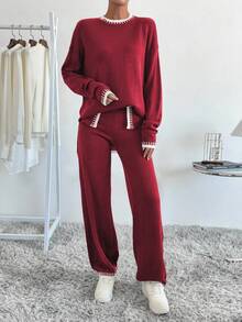 EMERY ROSE 2 件女士撞色圆领落肩休闲宽松针织套头衫套装 - 彩色 - 查看 4