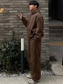 DAZY Men's Solid Brown Loose Fit Corduroy Fabric Hoodie & Pants Set, Autumn, Cozy Outfits - Brown - View 4