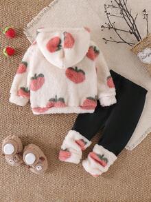 SHEIN Toddler Girls' Cute Red Peach & Cherry Blossom Long Sleeve Hooded Fleece T-Shirt With Printed Leggings T-Shirt Set Fall Winter - Apricot - View 2