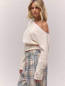 MUSERA 不对称领口收腰长袖上衣，复古乡村风，可爱舒适，休闲居家风，女士奶油糖色优雅情人节春夏假日必备 - 杏色 - 查看 2