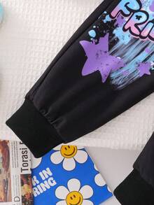 SHEIN 2 piezas Conjunto de sudadera con estampado de graffiti para niñas, conjunto deportivo de otoño - Negro - Ver 7