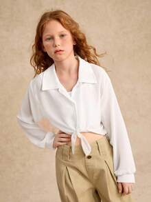 SHEIN 少女纯色轻薄夏季纽扣衬衫，适合秋冬季穿着 - 白色 - 查看 8