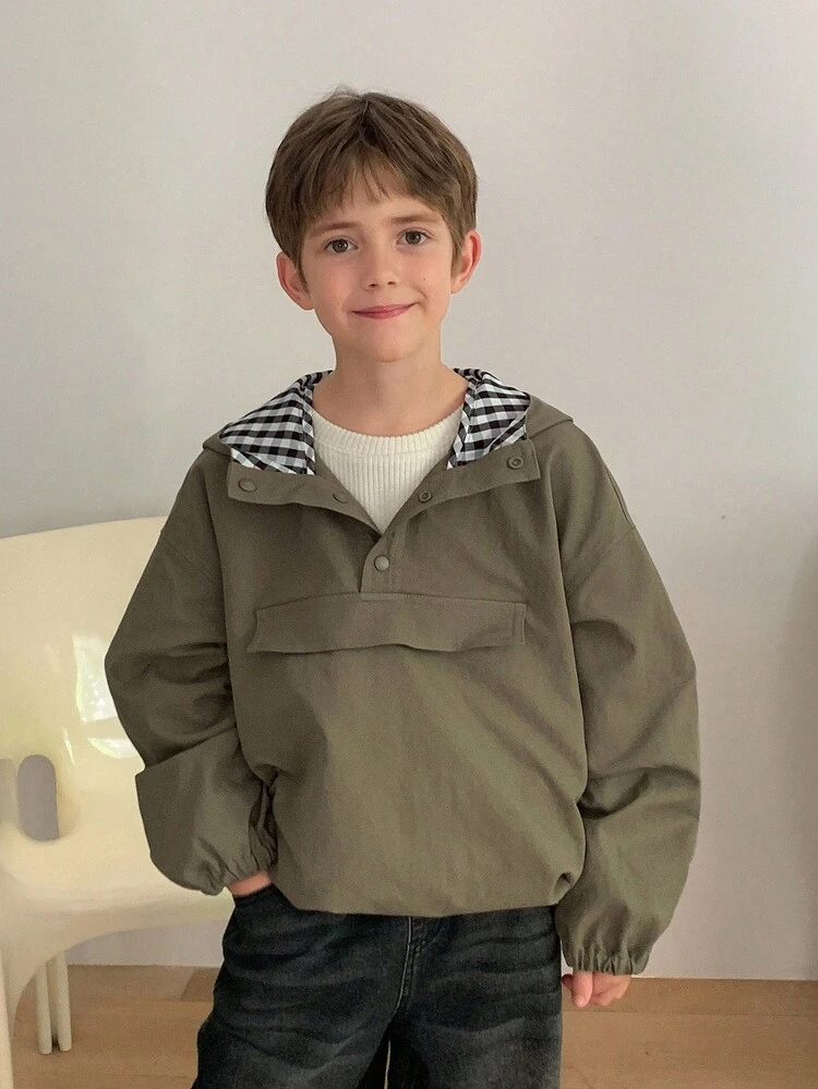 Tween Boy Casual Loose Fit Plaid Patchwork Sweatshirt, Street Style For Autumn Sweatshirt