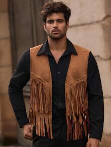 Manfinity VCAY Men's Suede Jacket With Rivet Decor And Tassel Fringe Jacket Brown Bohemian Western Vest For Men , Fall Winter - Brown - View 3