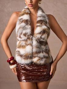 Lumalex Fall Winter Gathering Party Banquet Modest Old Money Coquette Glitter Holiday Party Rave Festival Outing Vacation Hot Outdoor Richly Layered Wedding Season Banquet Coming Of Age Ceremony Faux Fur Turtleneck Backless Bodycon Top For Women Fur Top Fur Vest Women Fur Vest Animal Print Top Luxury Fur Top Luxury Prom ID Al-Adha Al-Adha Party New Year