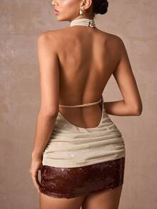 Lumalex 秋冬派对晚宴宴会低调奢华闪耀节日派对狂欢节郊游度假热门户外丰富层次婚礼季宴会成人礼脱衣高领露背水钻闪亮女式上衣奢华舞会身份证件宰牲节派对新年 - 卡其色 - 查看 2