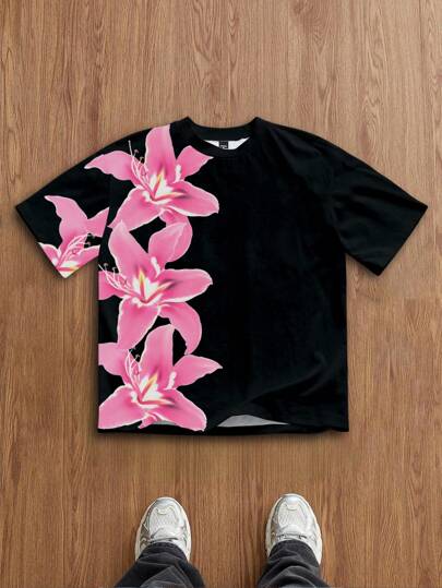 Claim Dot 男士花卉印花圆领短袖休闲宽松T恤，夏季