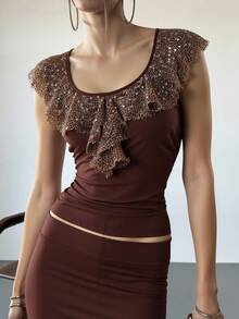 SHEIN EZwear Women's Summer Fashion Sequin Ruffles Patchwork Ruched Slim Fit Tank Top ,Y2k Clothes Women, Western Women Wear, Bohemian Clothes For Women ,Clubs Women , Country Concert