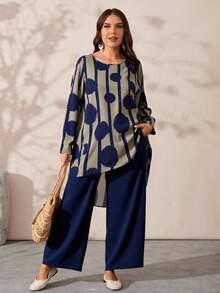 Rusticease 大码女式 2 件套几何印花圆领长袖不对称下摆上衣和裤子，休闲，冬季套装 - 藏蓝色 - 查看 3