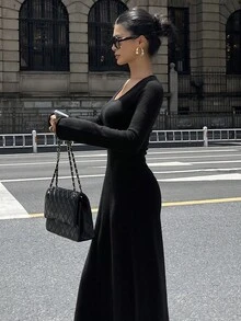 DAZY 女式圆领长袖修身长款毛衣裙 - 黑色 - 查看 4