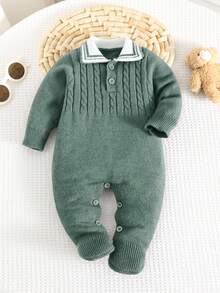 SHEIN Pelele de bebé recién nacido niño/niña con cuello vuelto, mono de punto de cable, adecuado para usar en otoño/invierno, interior y exterior