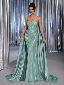 Glamrae Elegant Luxurious Green Elastic Coated Handmade Diamond Shell Collar Full Ruffle Sexy Slit Draped Mermaid Tail Formal Evening Gown - Green - View 7