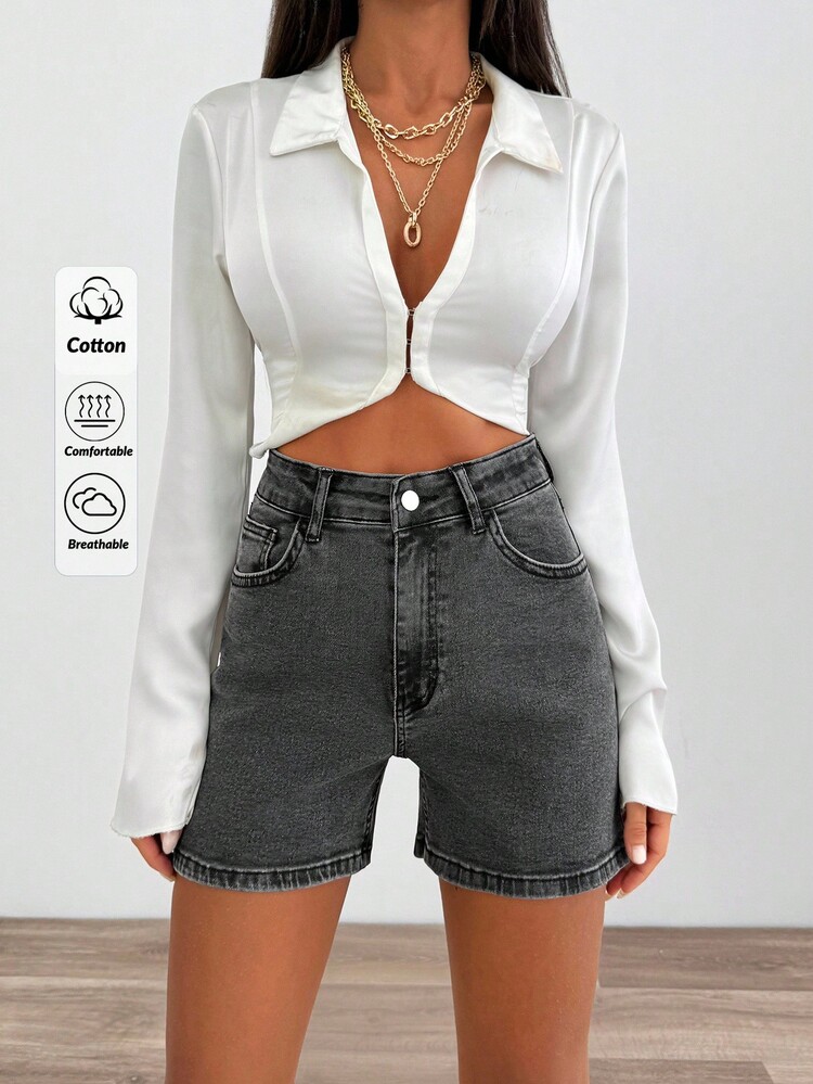 Women's Casual Summer Versatile Button Pocket Denim Shorts - Grey - View 1
