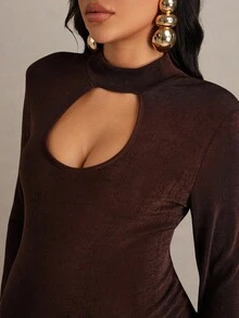 MaterniChic Đầm suông dáng suông cổ đứng tay dài màu trơn cho bà bầu - màu nâu - Xem 7