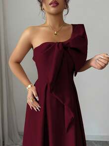 Elenzga 不对称大蝴蝶结腰A字优雅浪漫女装 - 酒紅色 - 查看 7