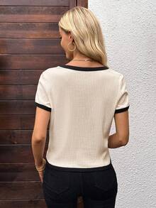 EMERY ROSE Women's Casual Contrast Trim Short Sleeve T-Shirt, Summer