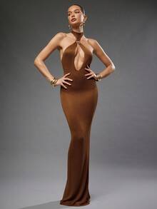 Hauture 女式纯色镂空性感紧身长款露背连衣裙 - 棕色 - 查看 3