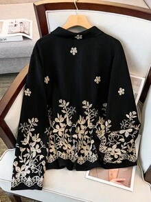 SHEIN Clasi 大码女式花卉刺绣衬衫，法式浪漫优雅高端休闲装 - 黑色 - 查看 2