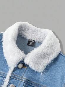 SHEIN 2pcs Young Boy Blue Denim Thermal Lined Jacket With Collar And Elastic Skinny Pants Set, Autumn/Winter Fall