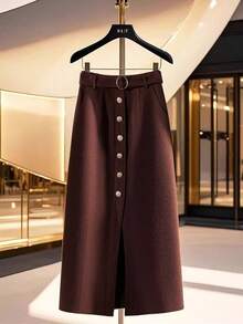 Franclia Women's Elegant Autumn/Winter Commuter Straight Wool Skirt With Metal Decor Buttons And Front Center Slit - Brown - View 6