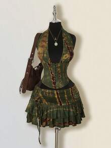 SHEIN ICON 女士扎染两件套，嬉皮风格扎染低胸超迷你裙，两件超低腰套装 - 軍綠色 - 查看 1