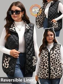 EMERY ROSE Plus Size Women Leopard Print Reversible Zipper Front Casual Vest Jacket, Winter, Fall Women's Clothes, Autumn/Winter,Winter Clothes For Women - Black - View 2