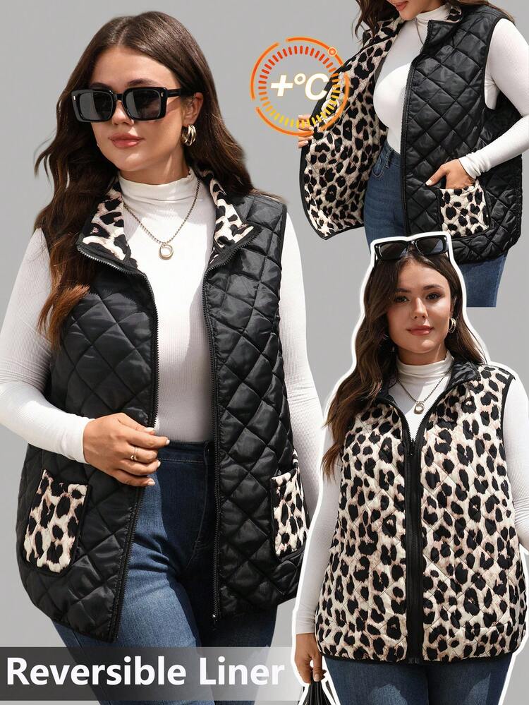 Plus Size Women Leopard Print Reversible Zipper Front Casual Vest Jacket, Winter, Fall Women's Clothes, Autumn/Winter,Winter Clothes For Women